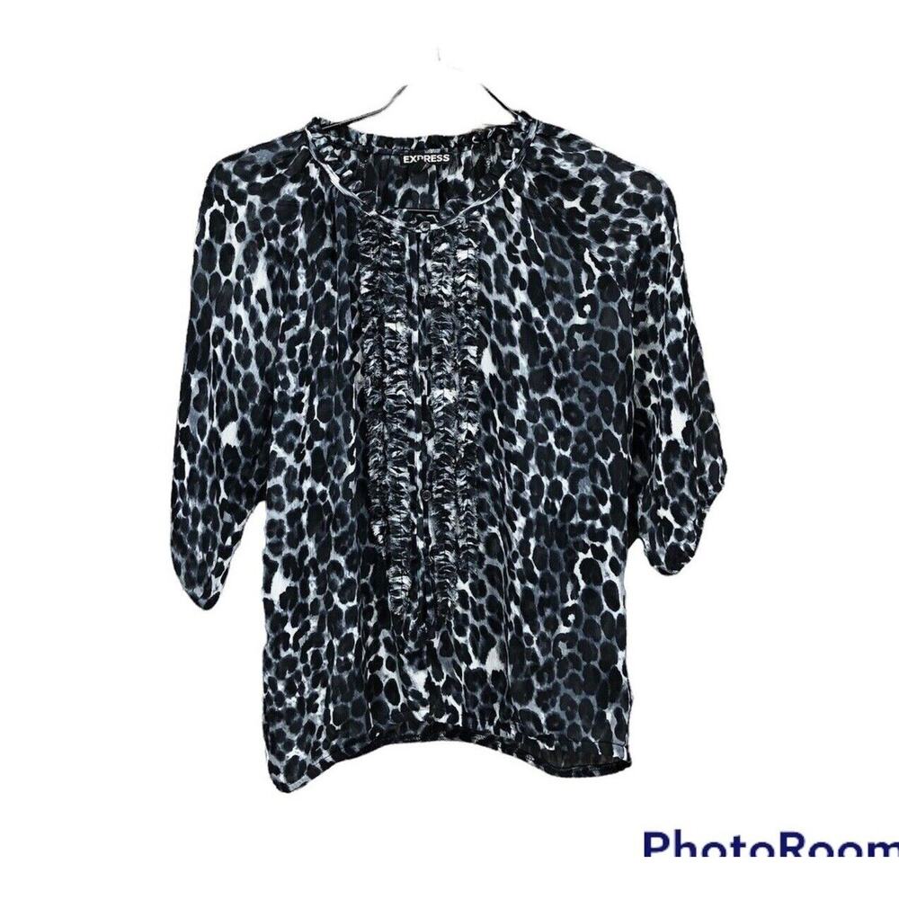 Express Women's Ruffle Front Leopard Blouse Top Sz XS Black White Defined Waist